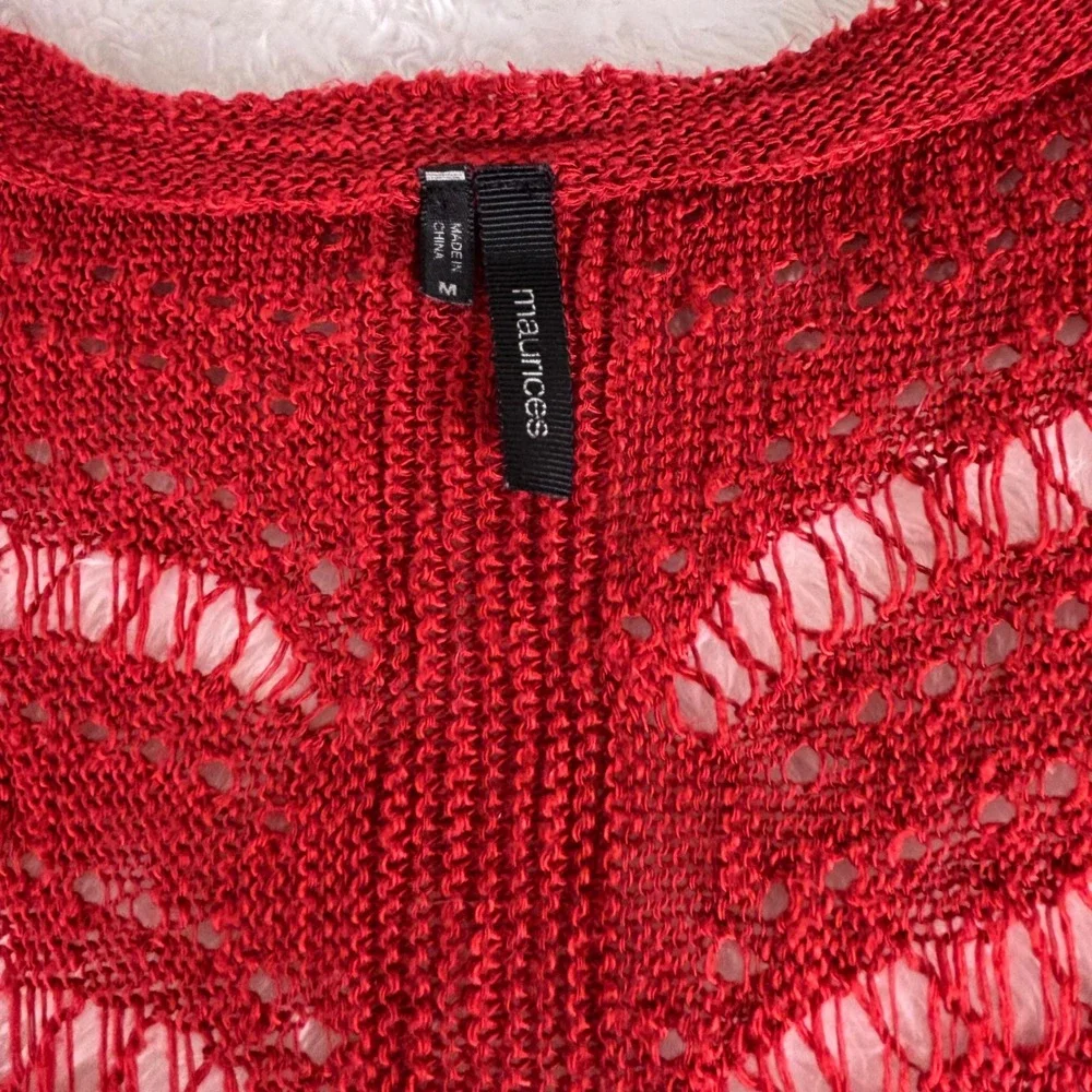 Maurices Red‎ Cardigan Boho Cottagecore Holiday Open Front Crochet Sleeveless  M